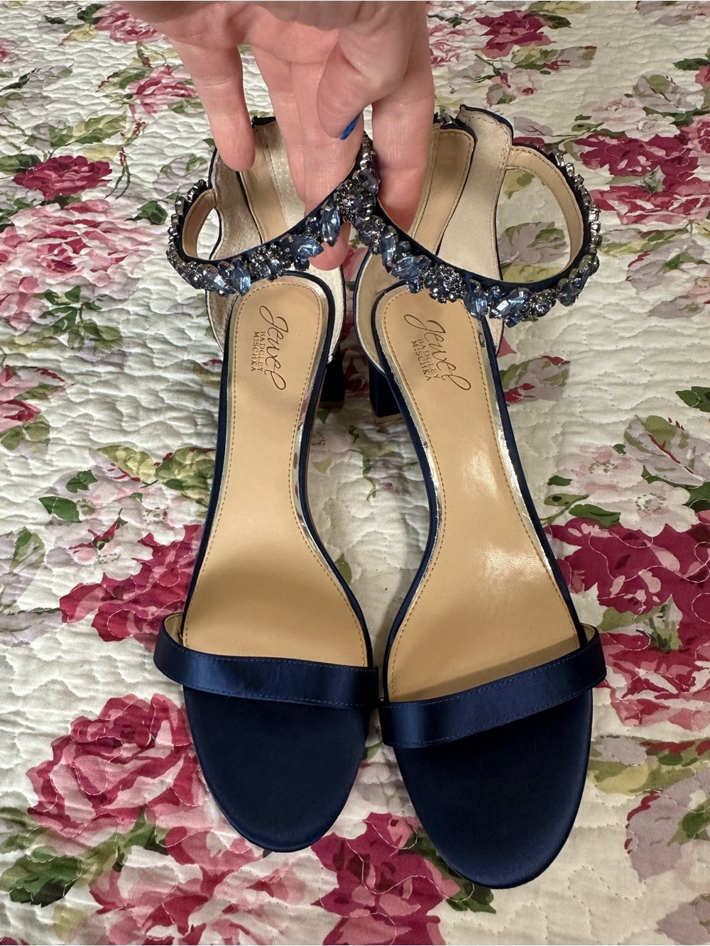 Jewel Badgley Mischka Navy Satin Open-Toe Heels with Crystal Ankle Straps